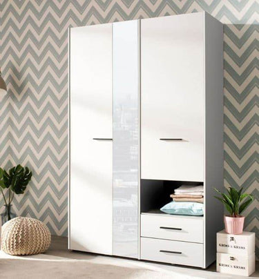 Limone White 3-Door Wardrobe: Elegant Storage with Mirror, Drawers & Hanging Rails - UK Luxury Furniture